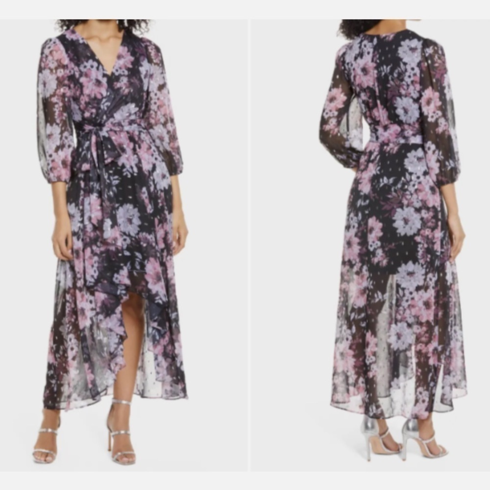 Eliza J Floral Long Sleeve Midi Dress Black Pink Size 6